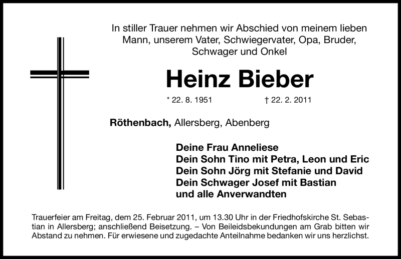  Traueranzeige für Heinz Bieber vom 24.02.2011 aus Nürnberger Nachrichten