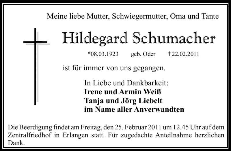  Traueranzeige für Hildegard Schumacher vom 24.02.2011 aus Nürnberger Nachrichten