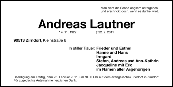 Traueranzeige von Andreas Lautner von Nürnberger Nachrichten