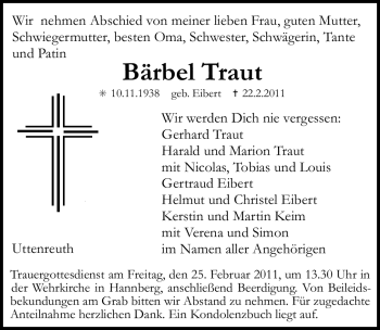 Traueranzeige von Bärbel Traut von Nürnberger Nachrichten