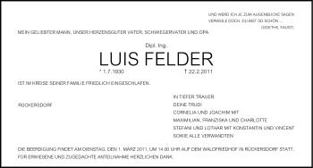 Traueranzeige von Luis Felder von Nürnberger Nachrichten