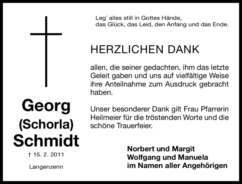  Traueranzeige für Georg Schmidt vom 25.02.2011 aus Nürnberger Nachrichten