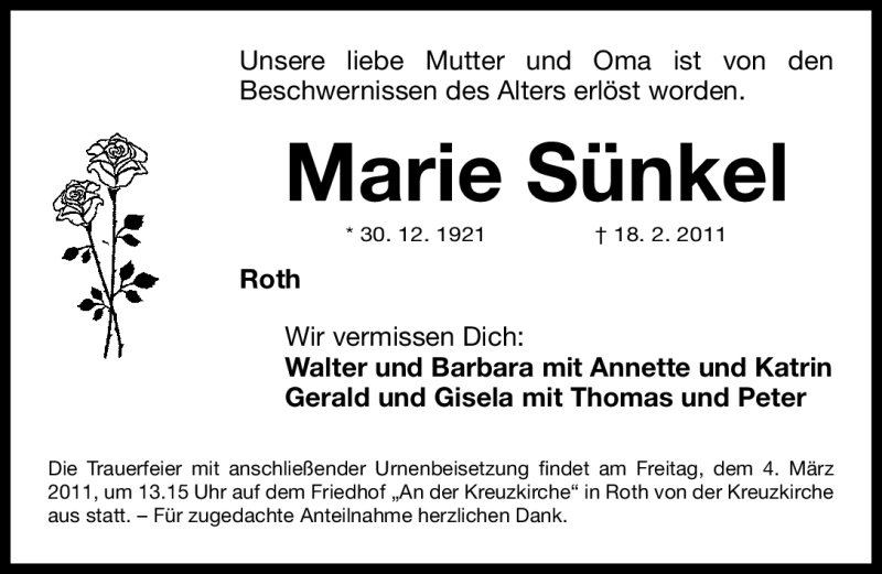  Traueranzeige für Marie Sünkel vom 02.03.2011 aus Nürnberger Nachrichten