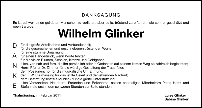  Traueranzeige für Wilhelm Glinker vom 25.02.2011 aus Nürnberger Nachrichten