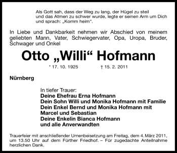 Traueranzeige von Otto Hofmann von Nürnberger Nachrichten