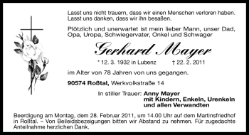 Traueranzeige von Gerhard Mayer von Nürnberger Nachrichten