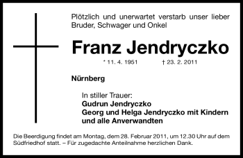 Traueranzeige von Franz Jendryczko von Nürnberger Nachrichten