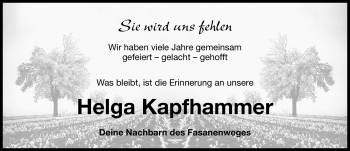 Traueranzeige von Helga Kapfhammer von Nürnberger Nachrichten