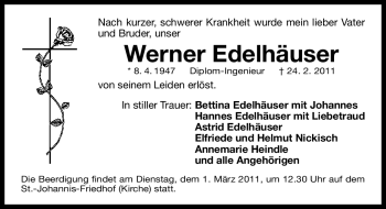 Traueranzeige von Werner Edelhäuser von Nürnberger Nachrichten