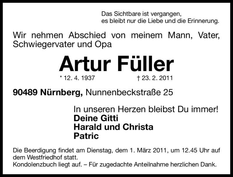  Traueranzeige für Artur Füller vom 26.02.2011 aus Nürnberger Nachrichten