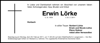 Traueranzeige von Erwin Lörke von Nürnberger Nachrichten