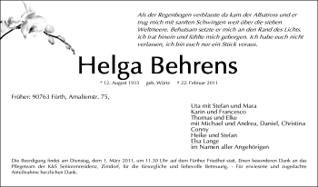 Traueranzeige von Helga Behrens von Nürnberger Nachrichten