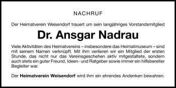 Traueranzeige von Ansgar Nadrau von Nürnberger Nachrichten