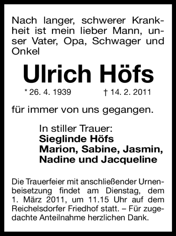  Traueranzeige für Ulrich Höfs vom 26.02.2011 aus Nürnberger Nachrichten