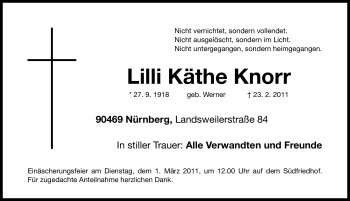 Traueranzeige von Lilli Käthe Knorr von Nürnberger Nachrichten