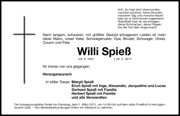 Traueranzeige von Willi Spieß von Nürnberger Nachrichten