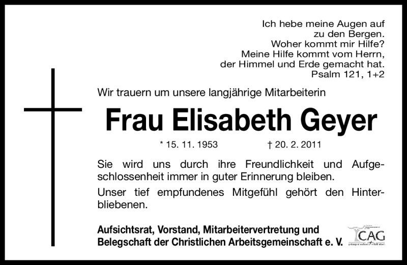 Traueranzeige für Elisabeth Geyer vom 26.02.2011 aus Nürnberger Nachrichten