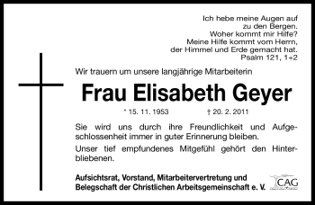 Traueranzeige von Elisabeth Geyer von Nürnberger Nachrichten