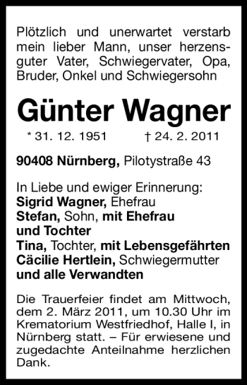 Traueranzeige von Günter Wagner von Nürnberger Nachrichten