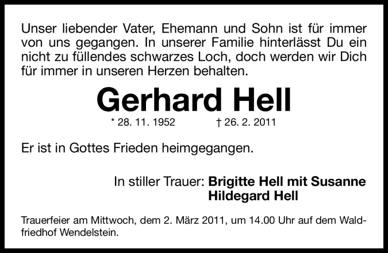  Traueranzeige für Gerhard Hell vom 28.02.2011 aus Nürnberger Nachrichten