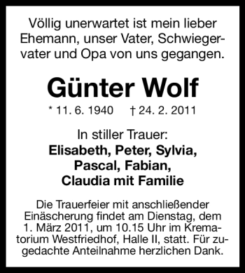 Traueranzeige von Günter Wolf von Nürnberger Nachrichten