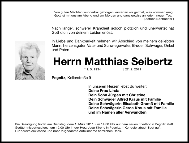  Traueranzeige für Matthias Seibertz vom 28.02.2011 aus Nürnberger Nachrichten