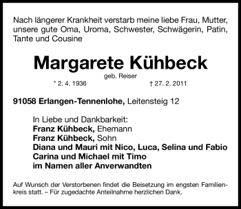 Traueranzeige von Margarete Kühbeck von Nürnberger Nachrichten