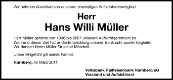 Traueranzeige von Hans Willi Müller von Nürnberger Nachrichten