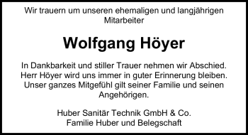 Traueranzeige von Wolfgang Höyer von Nürnberger Nachrichten