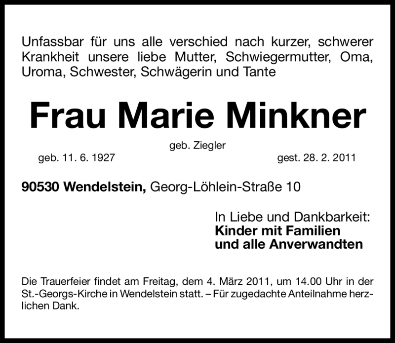  Traueranzeige für Marie Minkner vom 02.03.2011 aus Nürnberger Nachrichten