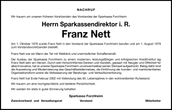 Traueranzeige von Franz Nett von Nürnberger Nachrichten