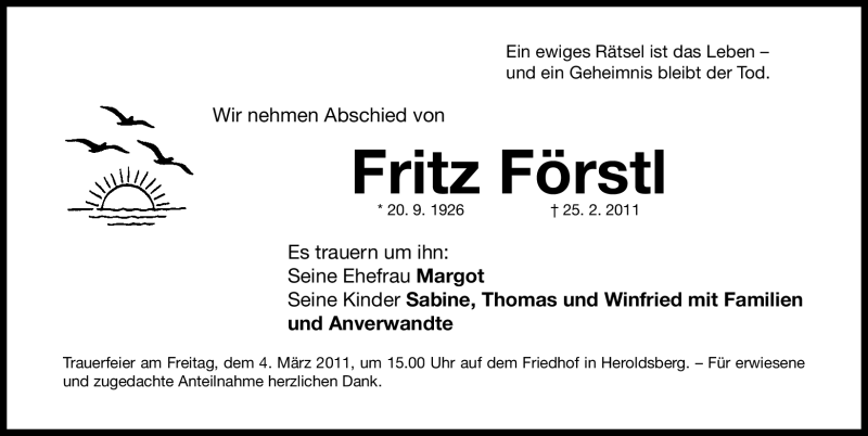  Traueranzeige für Fritz Förstl vom 02.03.2011 aus Nürnberger Nachrichten