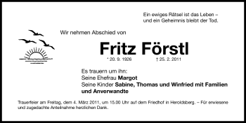 Traueranzeige von Fritz Förstl von Nürnberger Nachrichten