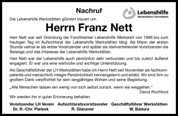 Traueranzeige von Franz Nett von Nürnberger Nachrichten