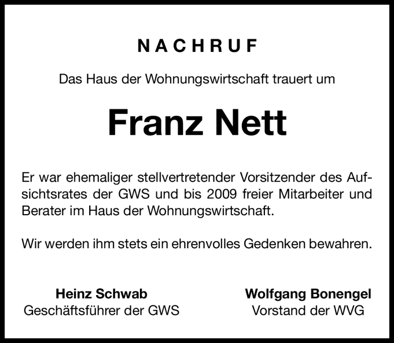  Traueranzeige für Franz Nett vom 02.03.2011 aus Nürnberger Nachrichten