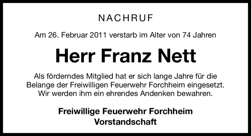  Traueranzeige für Franz Nett vom 02.03.2011 aus Nürnberger Nachrichten