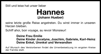 Traueranzeige von Hannes Hueber von Nürnberger Nachrichten