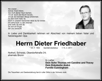 Traueranzeige von Dieter Friedhaber von Nürnberger Nachrichten