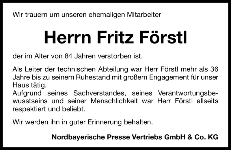  Traueranzeige für Fritz Förstl vom 04.03.2011 aus Nürnberger Nachrichten