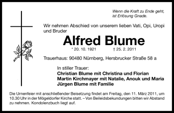 Traueranzeige von Alfred Blume von Nürnberger Nachrichten