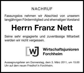 Traueranzeige von Franz Nett von Nürnberger Nachrichten