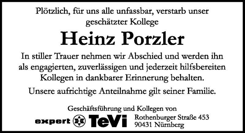  Traueranzeige für Heinz Porzler vom 04.03.2011 aus Nürnberger Nachrichten