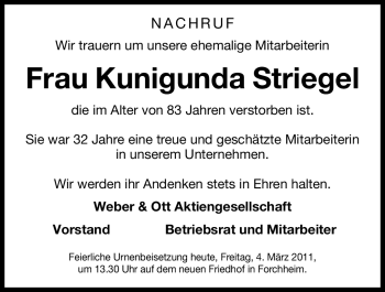 Traueranzeige von Kunigunda Striegel von Nürnberger Nachrichten