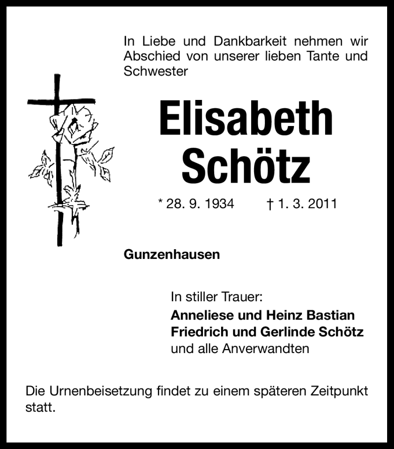  Traueranzeige für Elisabeth Schötz vom 04.03.2011 aus Nürnberger Nachrichten