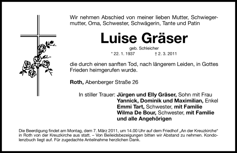  Traueranzeige für Luise Gräser vom 04.03.2011 aus Nürnberger Nachrichten