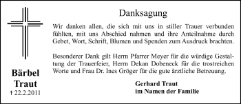 Traueranzeige von Bärbel Traut von Nürnberger Nachrichten