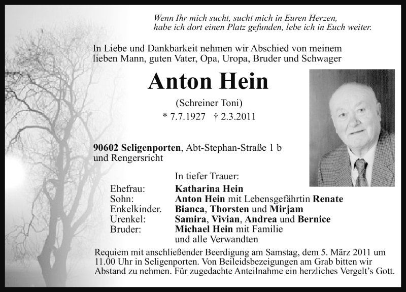  Traueranzeige für Anton Hein vom 04.03.2011 aus Nürnberger Nachrichten