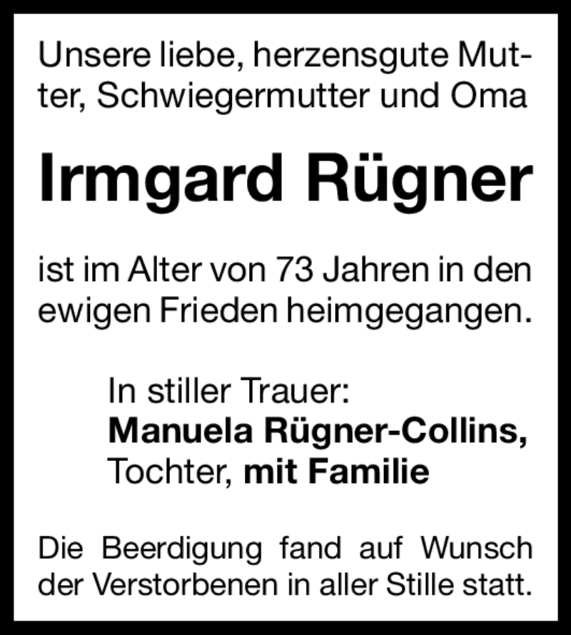  Traueranzeige für Irmgard Rügner vom 04.03.2011 aus Nürnberger Nachrichten