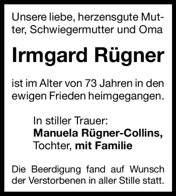 Traueranzeige von Irmgard Rügner von Nürnberger Nachrichten