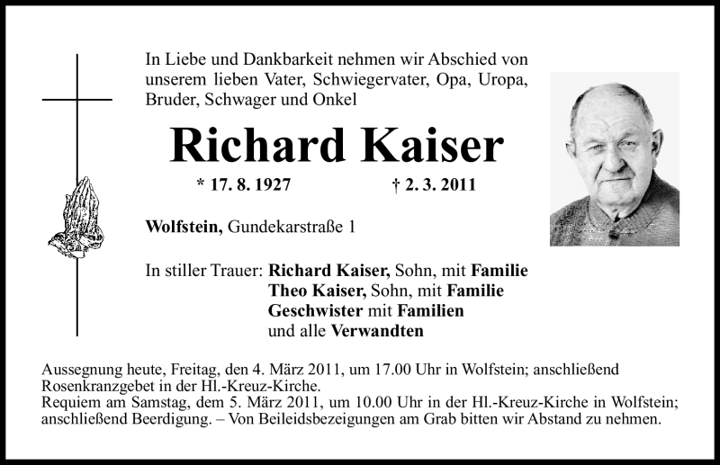  Traueranzeige für Richard Kaiser vom 04.03.2011 aus Nürnberger Nachrichten